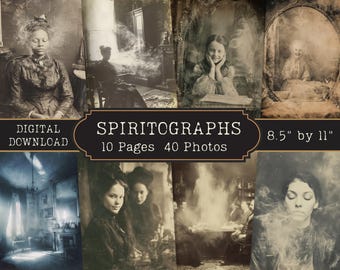 Könnte beinhalten: Eine digitale Sammlung mit dem Titel SPIRITOGRAPHS, bestehend aus 10 Seiten und 40 Fotos, jeweils 21,59 cm mal 27,94 cm groß. Die Bilder zeigen sepiafarbene Porträts und Szenen im Vintage-Stil mit geisterhaften, ätherischen Raucheffekten.