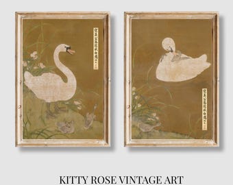 * vintage picture ❀ かわいい２羽のスワン * 刺しゅう絵 Set of Two Swan Prints, Swan Art, Vintage Chinoiserie Asian Wall