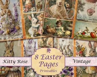 May include: Eight vintage printable Easter pages featuring images of bunnies, chicks, lambs, and eggs. The pages are decorated with flowers and other Easter-themed elements. The text "8 Easter Pages Printables" is displayed in the center of the image.