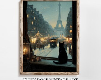 Paris Noël Christmas Cat Scene : Vintage Festive Wall Art Instant Download