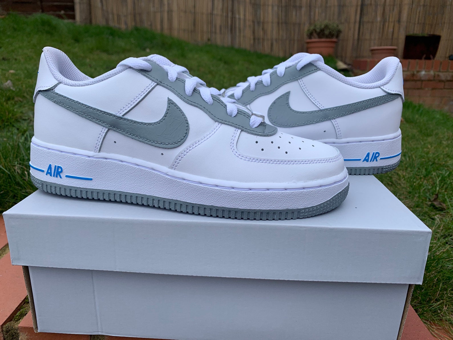 Custom air force 1 grey and blue detailing | Etsy