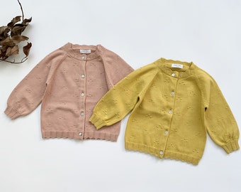 Kids Knitted Sweater Rose Pink or Mustard Yellow Long Sleeve Cotton Cardigan Button Down Cute Christmas Outfit Cozy Handmade Top