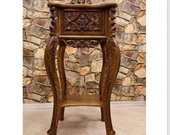 Supporto a piedistallo in noce intagliato a mano, tavolino alto per grammofono, supporto per piante artigianale, tavolino di lusso in legno intagliato, colonna in noce in stile antico