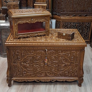 Set of 3 Carved Chests, Dowry chest set,Handcarved wooden chest,handmade storage trunk,wooden hope chest