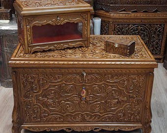 Handcarved Walnut Wood Chest Set: Decorative Storage Trunks