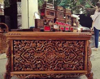 Hand Carved Walnut Wood Chest, Large Ottoman Style Dowry Trunk, Ornate Keepsake Box, Traditional Turkish Wood Carving, Unique Home Decor