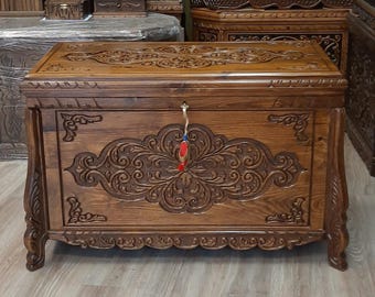 Hand Carved Walnut Storage Chest, Baked Wood Trunk, Artisan Furniture