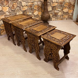 set of four coffee table, decorative wooden coffee table, hand carved wood coffee table, wooden furniture,carved wooden furniture,