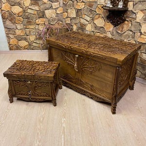 Double tree of life hand carved walnut chest set, Handcarved wooden chest,wooden hope chest,handmade storage trunk,handmade walnut box