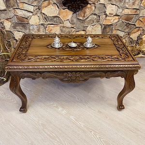 Walnut Carved Center Table ,wooden cafe table,hand carved table,wooden table