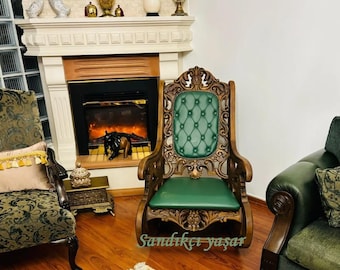 Handmade Wood Carving Rocking Chair: Walnut Finish