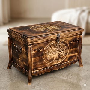 Cofre de madera con forma de árbol de la vida tallado a mano - Baúl de almacenamiento rústico de madera quemada - Caja de recuerdos decorativa grande, regalo de inauguración de casa - 32x17x22 pulgadas.