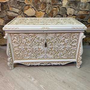 BİG size special design  Handcarved wooden chest,wooden hope chest,handmade storage trunk,handmade walnut box. white with gold background