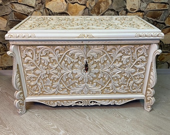 Handcarved Walnut Hope Chest: White & Gold, Large Storage Trunk