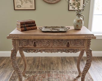 Consolle in noce intagliata a mano color polvere di luna, elegante tavolo da ingresso, cassettiera in legno di noce grigio luna, mobile di lusso artigianale, 100 cm