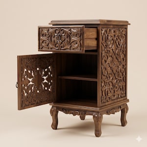 May include: A dark brown wooden cabinet with detailed floral carvings. The cabinet features a partially open drawer and an open door, revealing shelves. It stands on four ornate legs. The cabinet is made of wood.