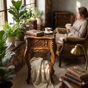 May include: A carved wooden side table with a drawer, holding a book and a teacup. The table has ornate floral carvings and curved legs. A cream-colored blanket is draped over the table. The scene is set in a room with plants and a window.