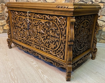Hand Carved Walnut Storage Chest, Handmade Baked Wood Trunk, Artisan Furniture (38x27x20 inch)