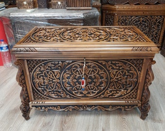 Handcarved wooden chest,hope chest,handmade storage trunk,handmade walnut box