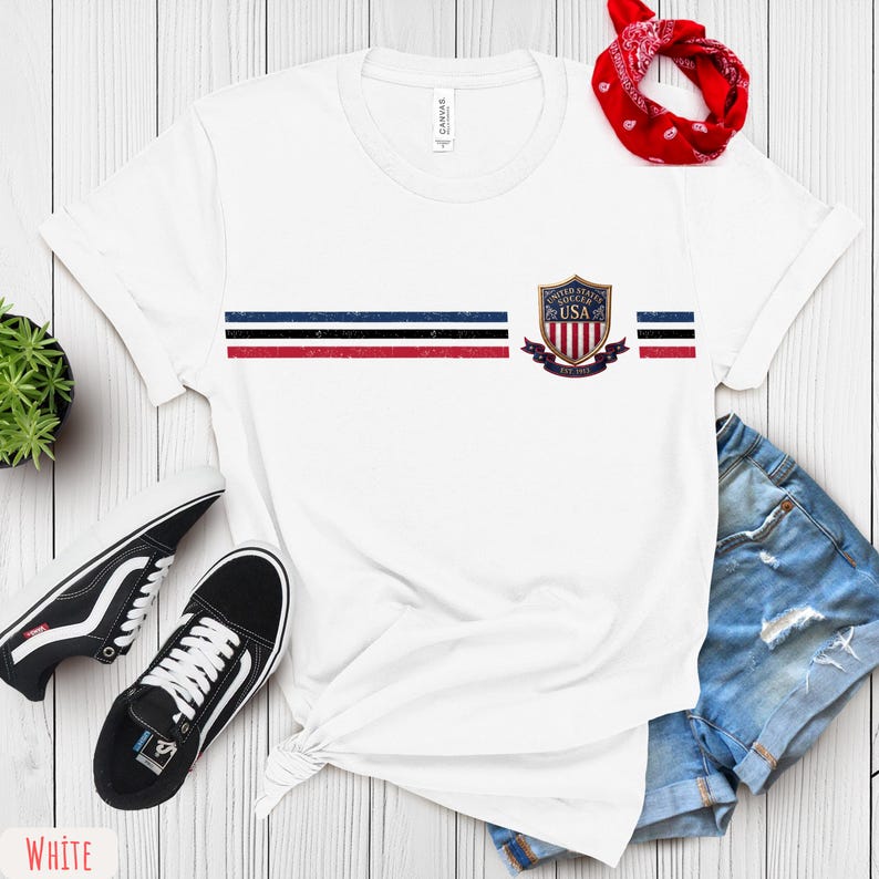 Bella Canvas US Soccer Shirt, Retro USA Soccer Tee with Crest, Vintage Soccer Chest Stripe T-Shirt, Patriotic American Soccer Fan Gift image 2