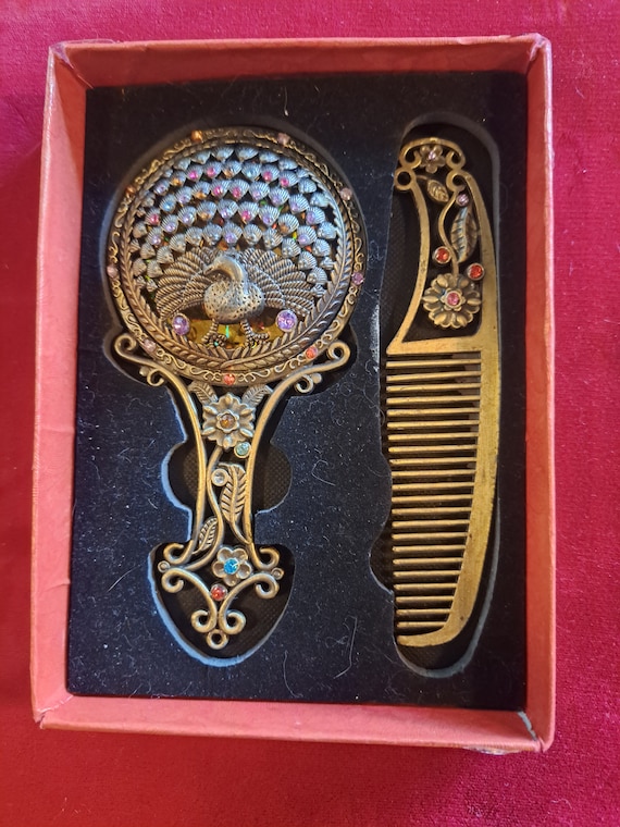 Vintage Peacock Rhinestone  Comb and Hand Mirror … - image 1