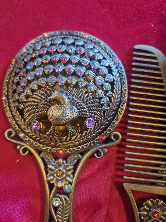 Vintage Peacock Rhinestone  Comb and Hand Mirror … - image 2