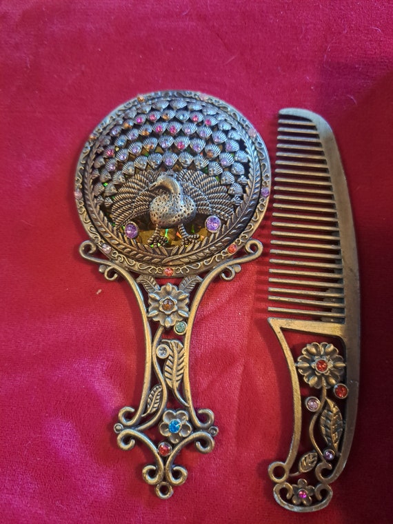 Vintage Peacock Rhinestone  Comb and Hand Mirror … - image 6