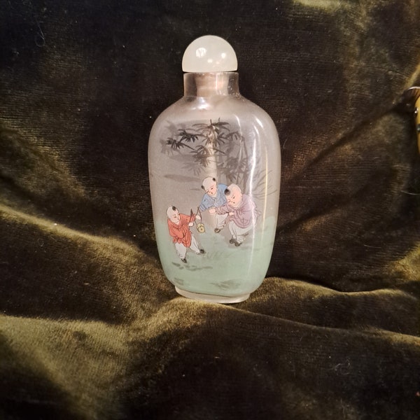 Vintage Reverse Painted Inside Chinese Snuff Bottle- Children's Landscape