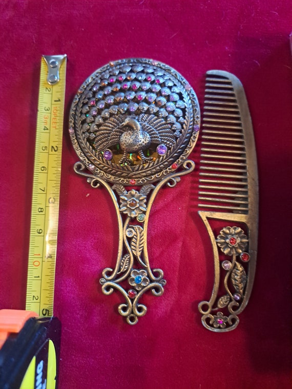 Vintage Peacock Rhinestone  Comb and Hand Mirror … - image 4