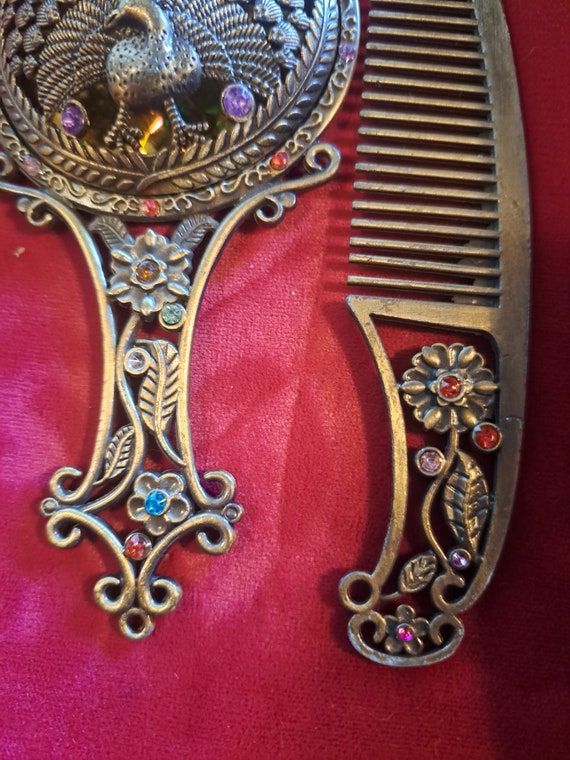 Vintage Peacock Rhinestone  Comb and Hand Mirror … - image 5