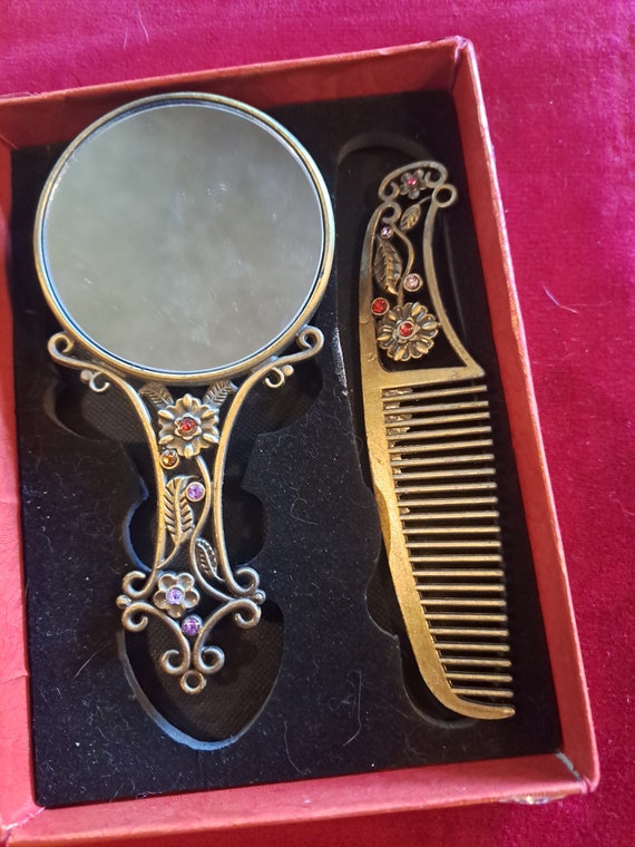 Vintage Peacock Rhinestone  Comb and Hand Mirror … - image 3