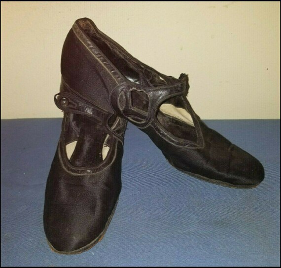 Antique Victorian Edwardian Black Satin Shoes