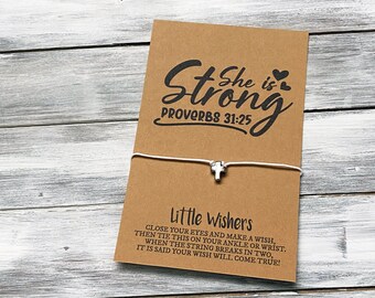 She Is Strong - Proverbs 31:25 - Christian Gift - Friendship Wish Bracelet - Encouragement - Inspirational - Faith Gift - Pregnancy - Mom