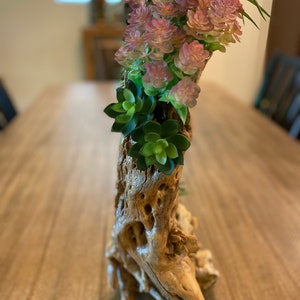 May include: A rustic wooden driftwood vase with a natural, weathered finish, filled with artificial succulents and pink flowers.