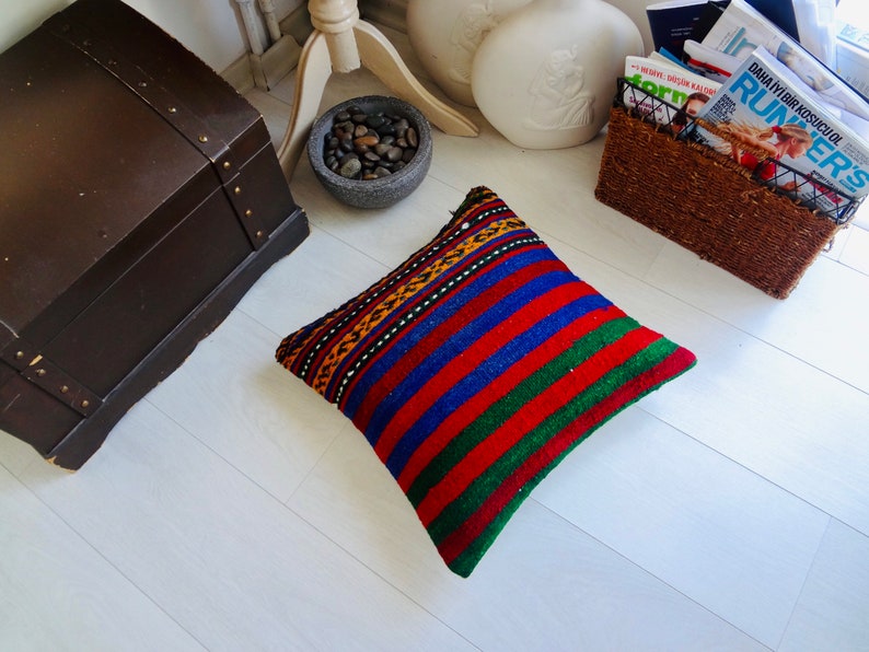 Rug Cushion Case Kilim Cushion Case 16\u00d716 Kilim Pillow Cover Turkish Kilim Pillow Rustic Floor #0299 Rug Pillow Cover Indoor Corner