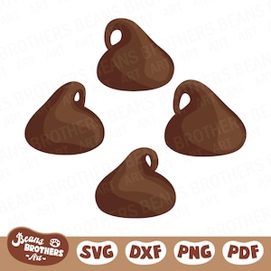 Op de afbeelding: Vier bruine chocolade chips in de vorm van een Hershey's Kiss. De chips zijn in een vierkant patroon gerangschikt.