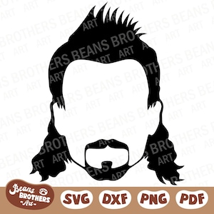 Silhueta de tainha SVG com bigode e cavanhaque Cabelo longo Penteado engraçado masculino + PNG DXF Arquivo de corte Cricut Canva Clipart