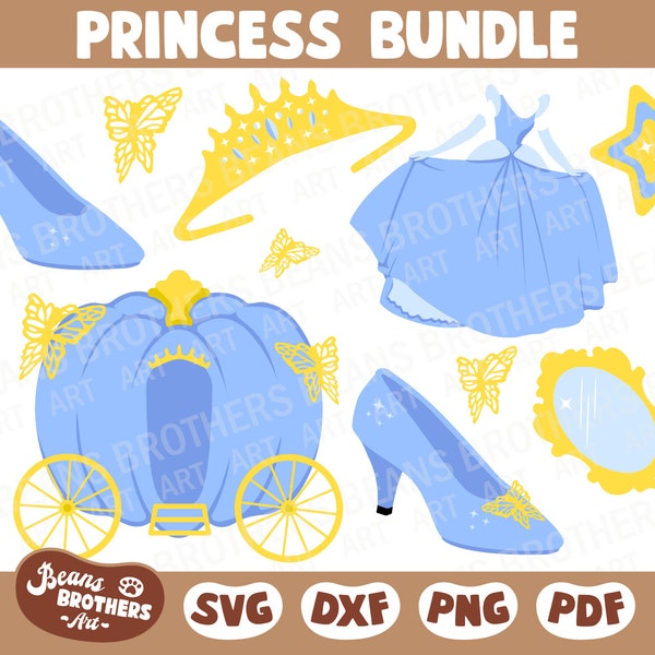 Princess Fairy Godmother Multilayer Bundle SVG PNG DXF Cricut Cut Files - Dress, Slipper heel shoe, Tiara, Mirror, Pumpkin carriage, Wand