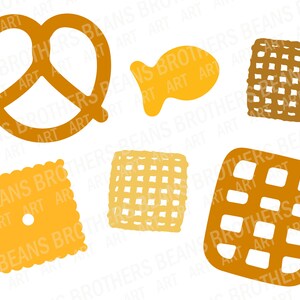 Square pretzel, classic pretzel, cheese cracker, yellow and brown check cereal, and fish cheese cracker hand drawn graphics. Each vector graphic is a silhouette for a simple minimalist look, perfect for Cricut projects. SVG DXF PNG PDF