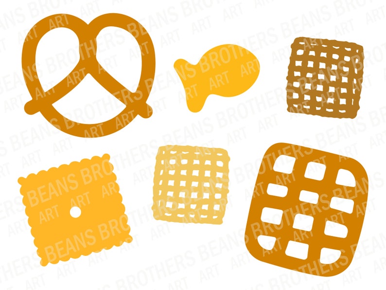 Square pretzel, classic pretzel, cheese cracker, yellow and brown check cereal, and fish cheese cracker hand drawn graphics. Each vector graphic is a silhouette for a simple minimalist look, perfect for Cricut projects. SVG DXF PNG PDF