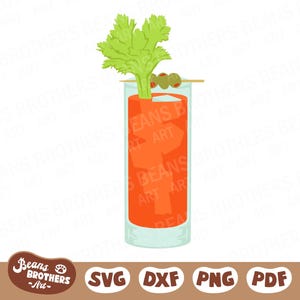 Pacchetto silhouette di Bloody Mary in formato SVG, guarnizione di sedano e olive, cocktail a strati con vodka, bicchiere highball + file PNG DXF per Cricut, clipart Canva