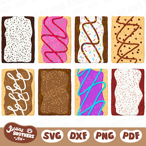 May include: An illustration of eight rectangular pastries with various toppings. The pastries have a golden-brown crust and are topped with white frosting and sprinkles, pink frosting with red drizzle, and chocolate frosting.