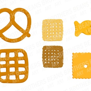 Square pretzel, classic pretzel, cheese cracker, yellow and brown check cereal, and fish cheese cracker hand drawn graphics. Each vector graphic is layered for a 3d styled look, perfect for Cricut projects. SVG DXF PNG PDF