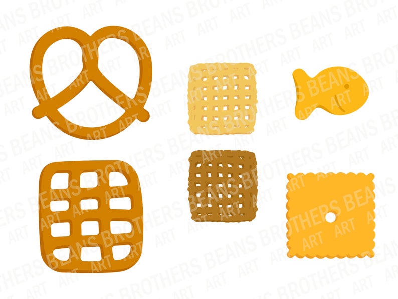 Square pretzel, classic pretzel, cheese cracker, yellow and brown check cereal, and fish cheese cracker hand drawn graphics. Each vector graphic is layered for a 3d styled look, perfect for Cricut projects. SVG DXF PNG PDF