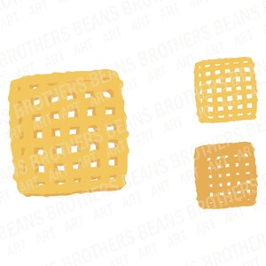 An example of one of the vector graphics included with this bundle. On the left, there is a square cereal piece hand drawn graphic. On the right, the same cereal piece is shown exploded in two separate layers, top and darker color background shadow.