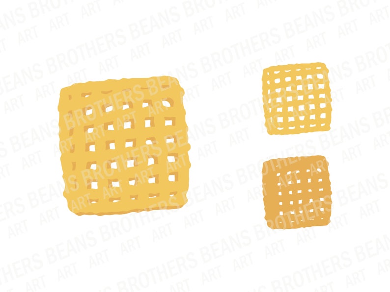 An example of one of the vector graphics included with this bundle. On the left, there is a square cereal piece hand drawn graphic. On the right, the same cereal piece is shown exploded in two separate layers, top and darker color background shadow.
