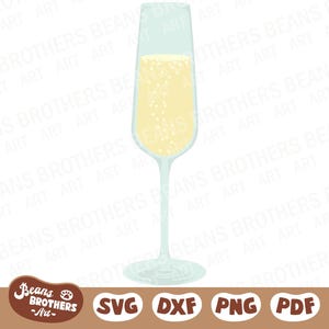 May include: A single glass of champagne with a clear glass and a pale yellow liquid. The glass has a long stem and a round bowl.