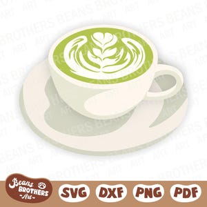 Matcha Latte SVG, Layered Green Tea Cup and Saucer, Coffee Beverage Milk Foam Latte Art Digital Illustration + PNG DXF Cricut Cut File Canva