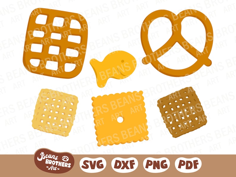 Square pretzel, classic pretzel, cheese cracker, yellow and brown check cereal, and fish cheese cracker hand drawn graphics. Each vector graphic is layered for a 3d styled look, perfect for Cricut projects. SVG DXF PNG PDF