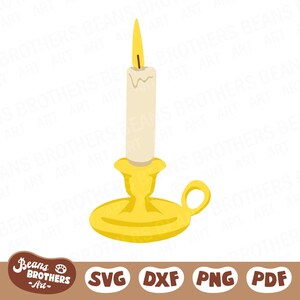 May include: A yellow candle holder with a white candle. The candle is lit and has a small flame.